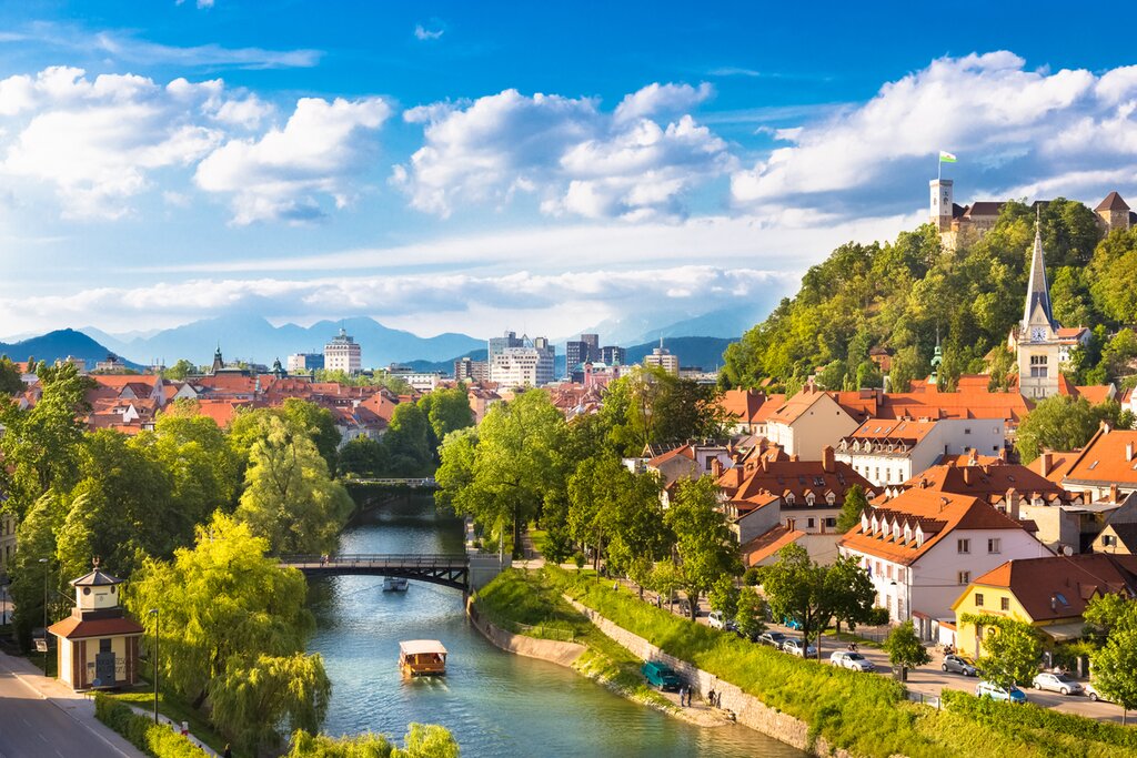 Charming riverside scenery in Ljubljana