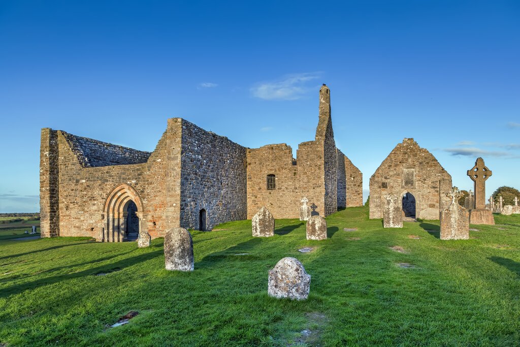 Clonmacnoise monastery against a blue sky