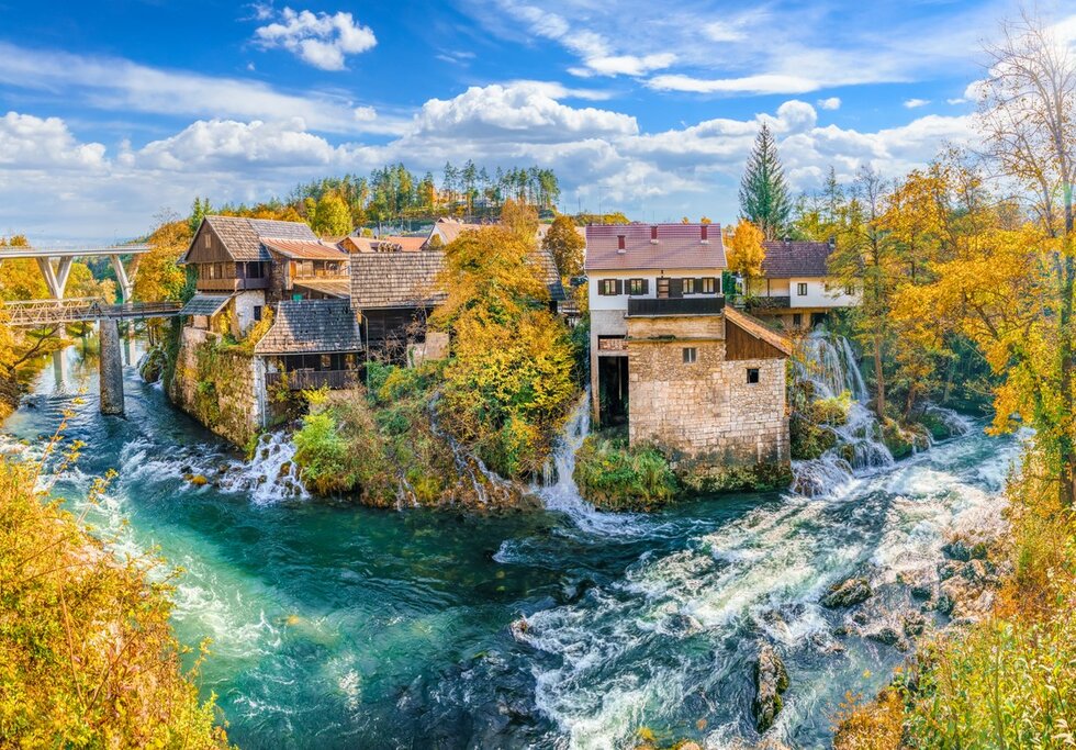 Stop to visit the Croatian village of Rastoke, where cottages and watermills sit along the Slunčica River