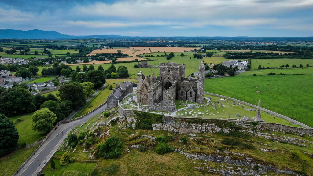 The Rock of Cashel surrounded by green fields