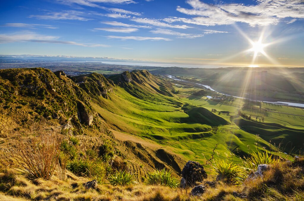 Sunrise over Te Mata Peak. The cliff face rises almost vertically on the left, and a lush field on the right