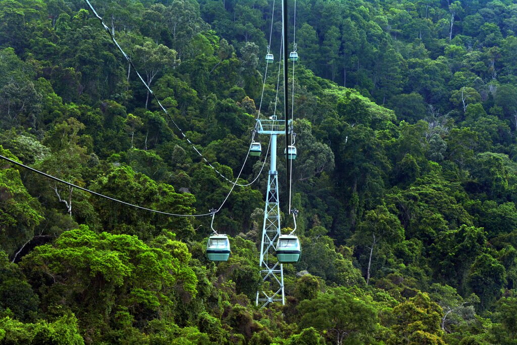 View of the Cairns Skyrail Rainforest Cableway heading up and over the rainforest