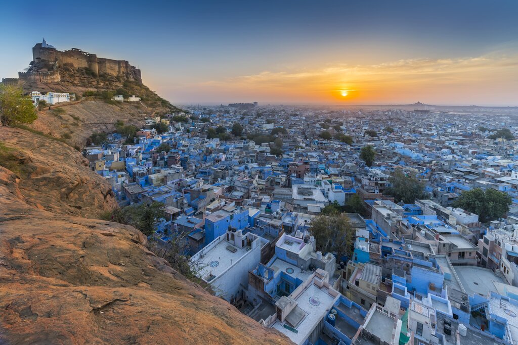 An aerial view of the Blue City and Mehrangarh Fort in Jodhpur