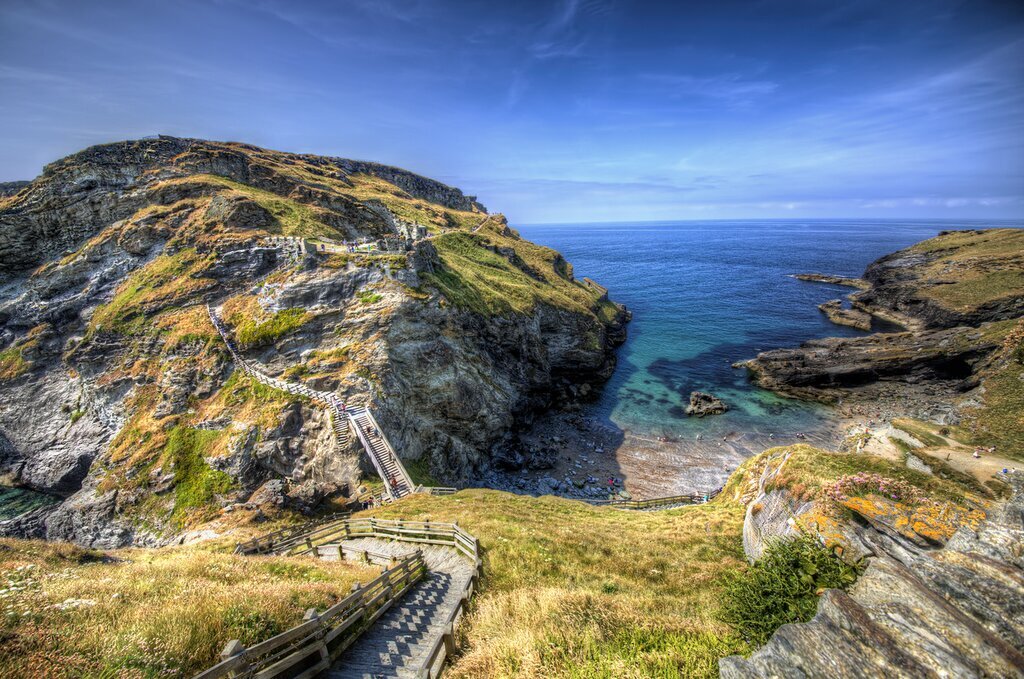 Steep walkways and bridges lead to the peninsula of Tintagel.