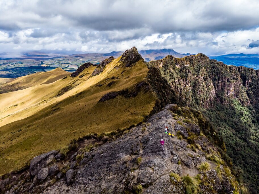 Aerial view of the peak of the Pasochoa Volcano with hikers