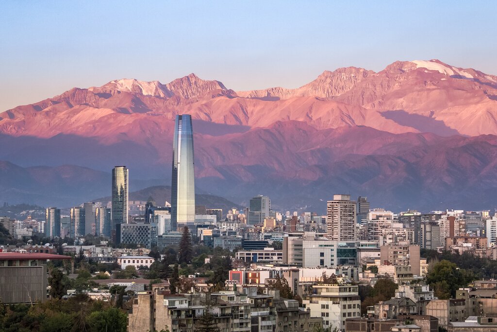 The Santiago skyline at sunset with the Costanera Center skyscraper