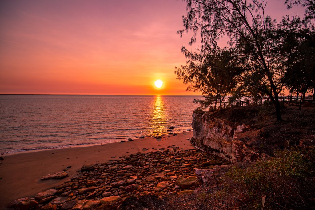 The view of the sunset from East Point Reserve in Darwin. The sky is light purple and red reflecting over the water, and there is a tree on the right side