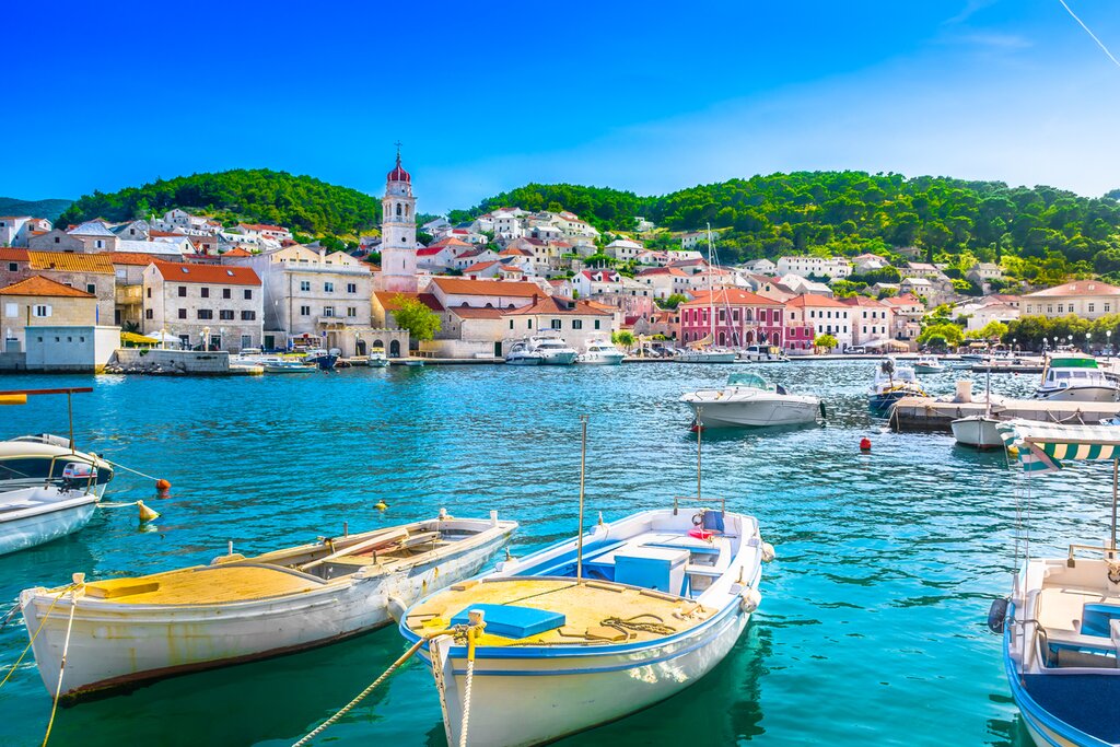 Seafront scenery of small mediterranean village Pucisca