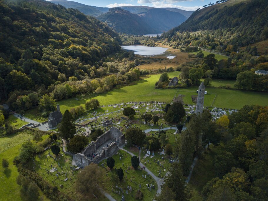 Ruins of Glendalough monastic site and lake