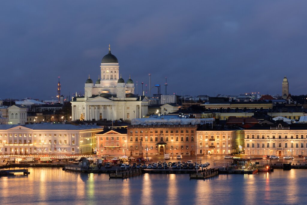 View from the water toward Helsinki Cathedral and Market Square