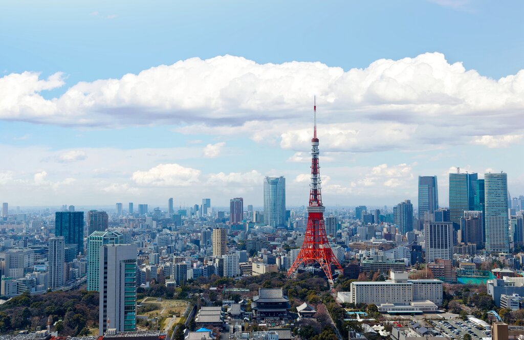 Tokyo's skyline, with the red Tokyo Tower in the foreground.