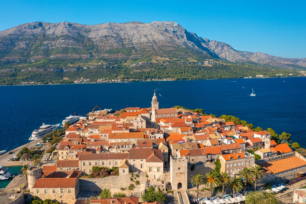 Korčula's Old Town looking back towards the Dalmatian Coast mainland