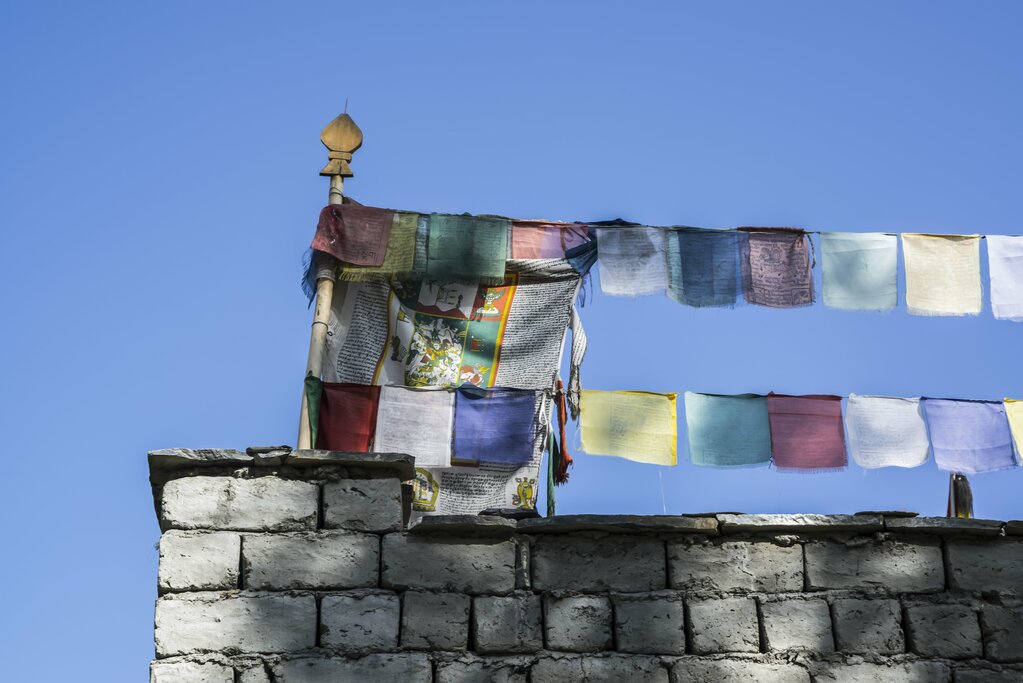 Multi-colored prayer flags in Skiu