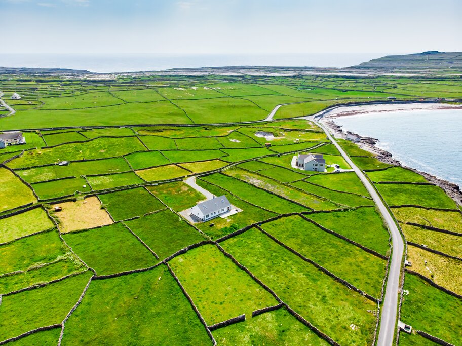 Aerial view of green fields on Inishmore