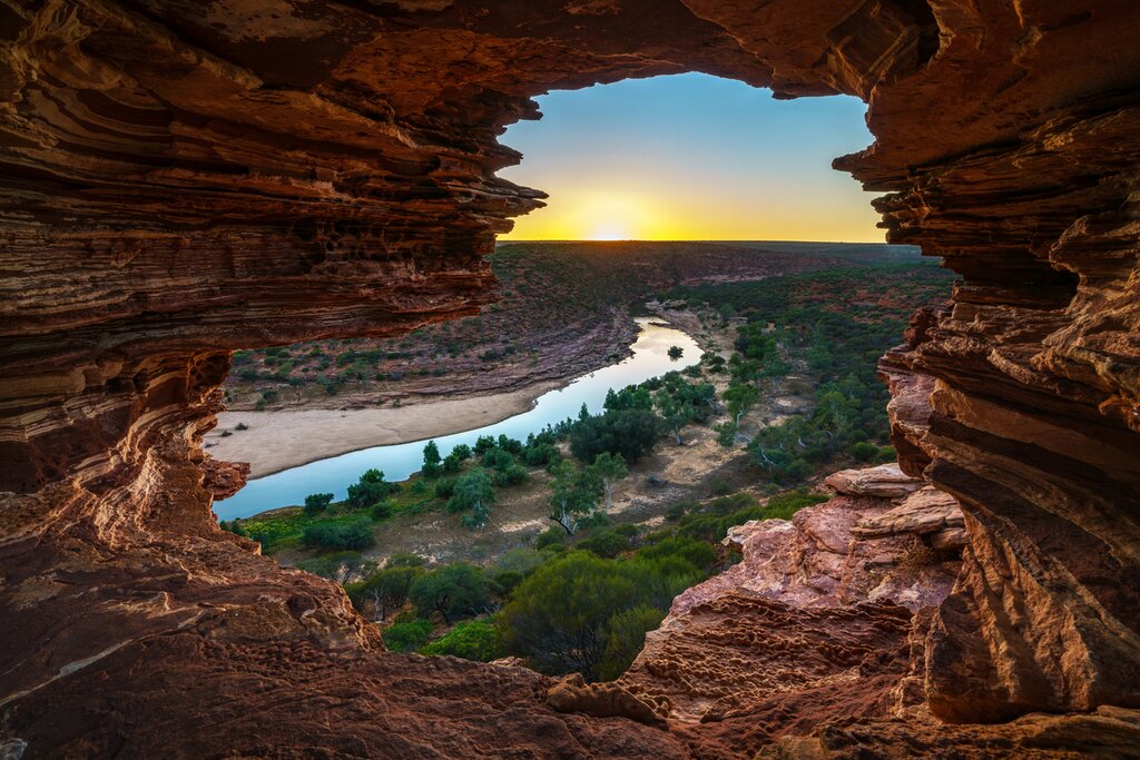 sunrise at natures window in the desert of kalbarri national park, western australia