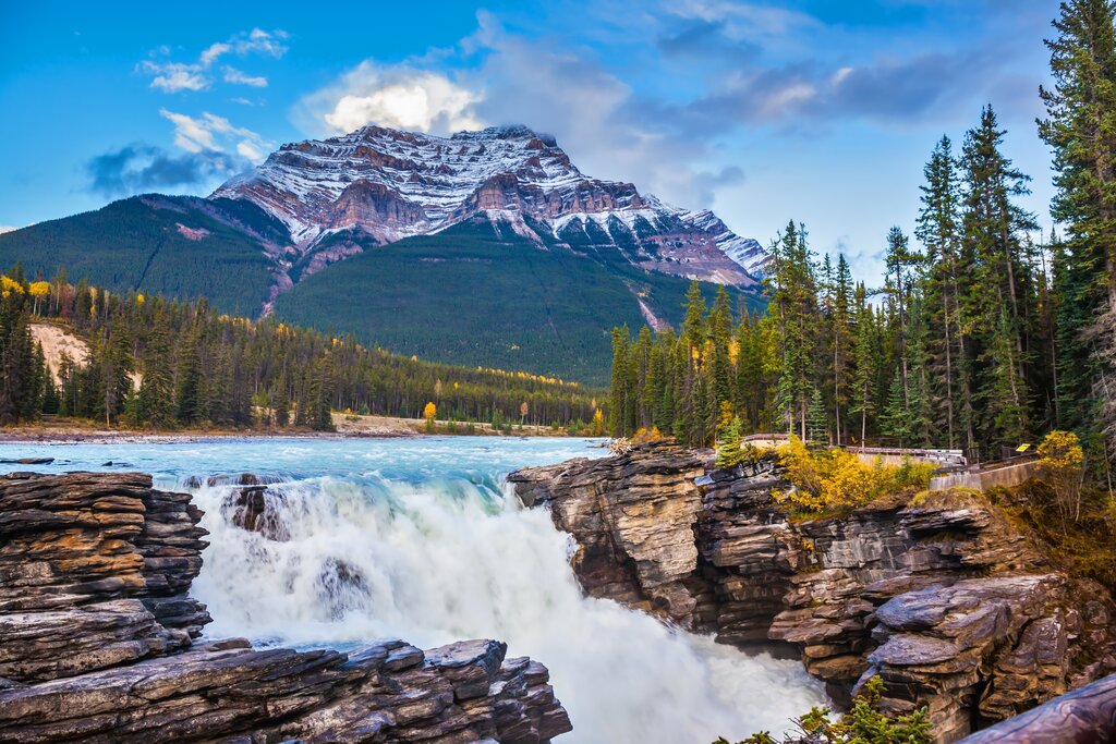 Pyramidal mountain and Athabasca waterfall in Jasper National Park