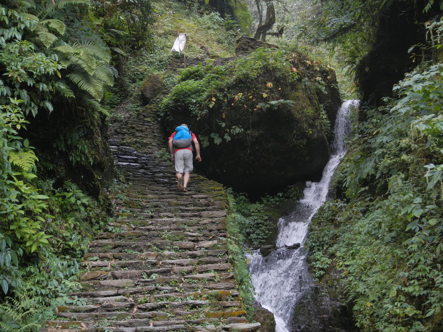 Trekking past a waterfall and lush terrain
