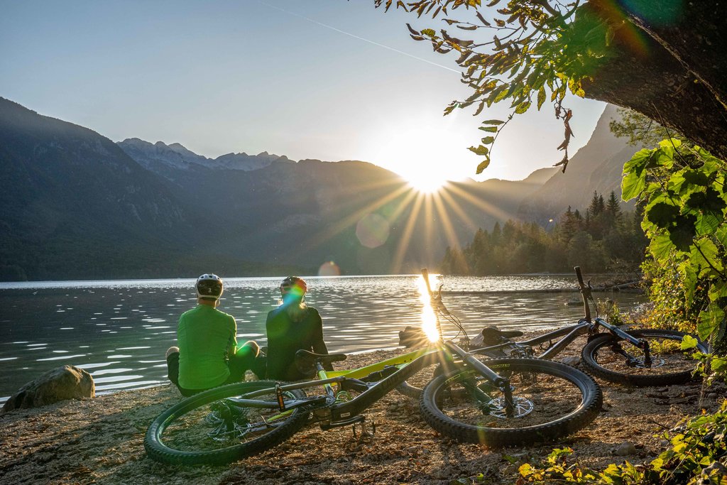 A sunrise over Lake Bohinj.