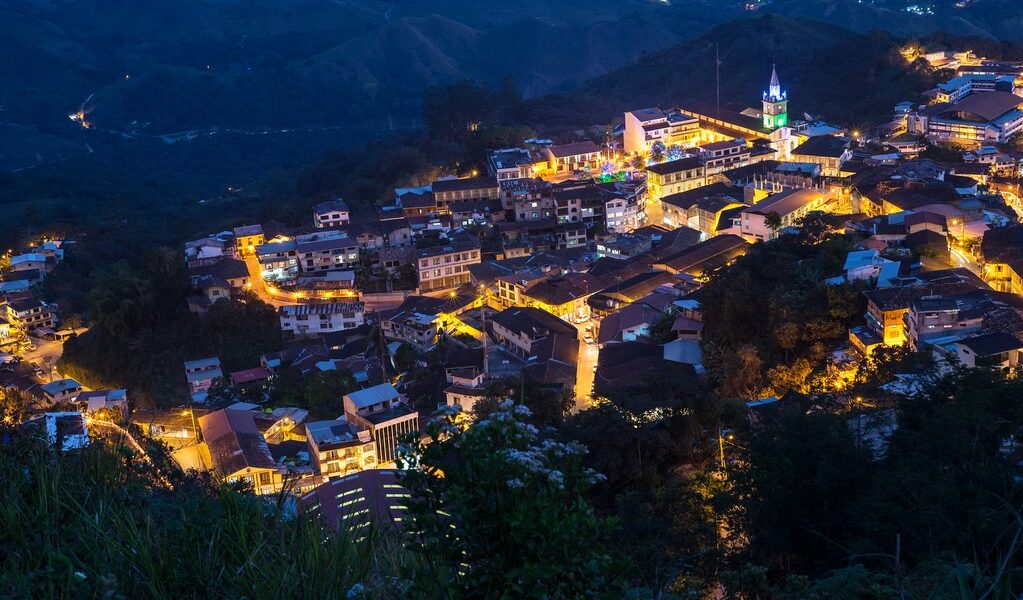 High view of the small town of Zaruma at nightime