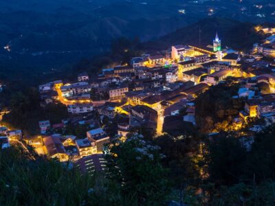 High view of the small town of Zaruma at nightime