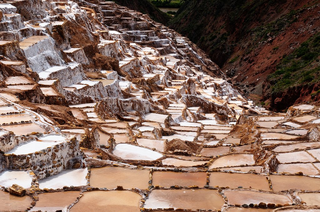 The traditional salt pans use a series of terraces to evaporate water