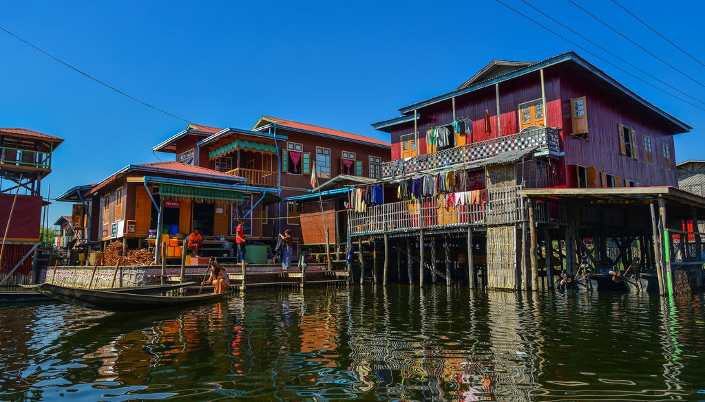 Wooden houses in the floating village on Inle Lake