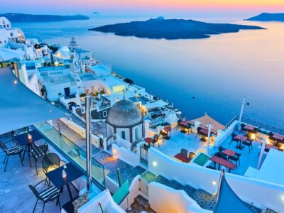 Evening in Santorini - Thira town and Aegean sea at sundown, Gre