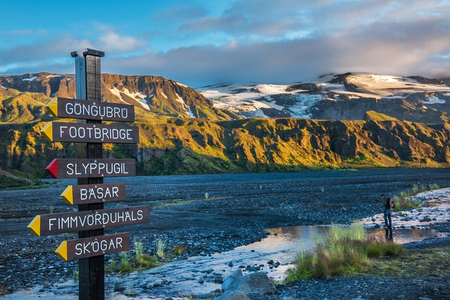 Signpost in Thorsmork hiking area between Thorsmork and Eyjafjallajokull and Krossa riverbed