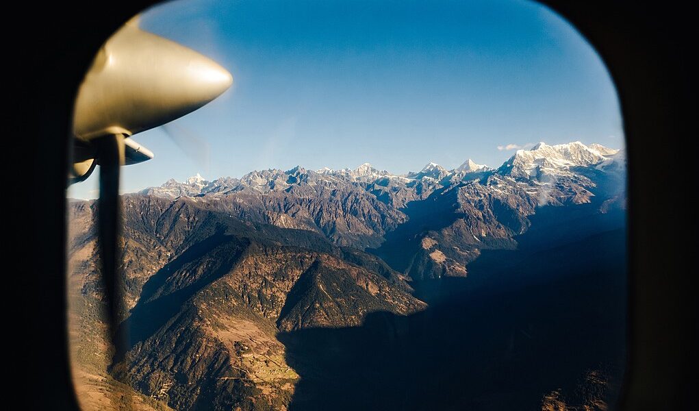 The Himalayas from a propeller plane, Nepal. Flight Kathmandu to Lukla.