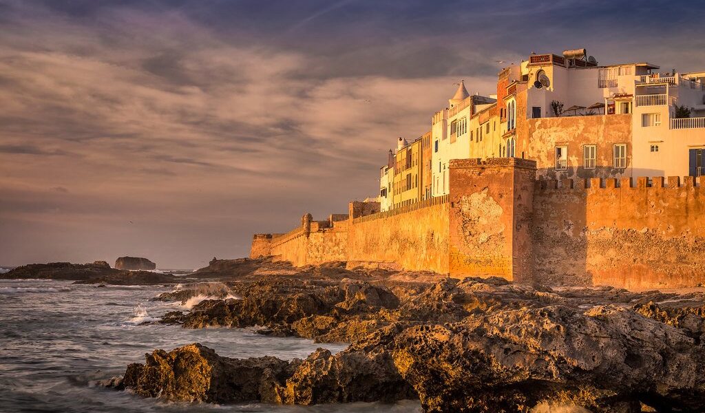 Essaouira old city walls in Morocco. Shot at sunset.