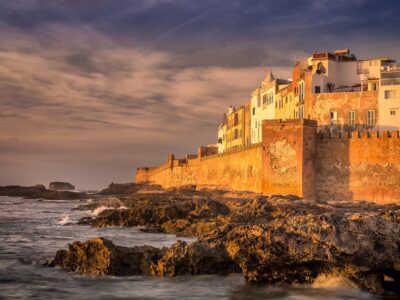 Essaouira old city walls in Morocco. Shot at sunset.
