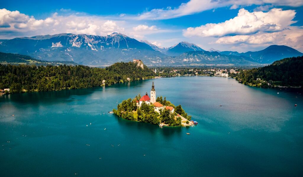 Slovenia - Aerial view resort Lake Bled.