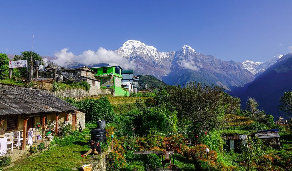 Ghandruk, Nepal - Oct 21, 2017. Mountain Village At Sunrise In G