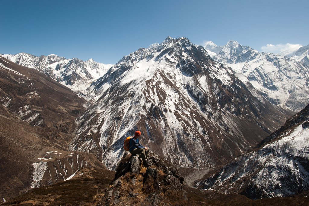 View point above Mu Gompa Tsum Valley with view on backside of Ganesh Himal