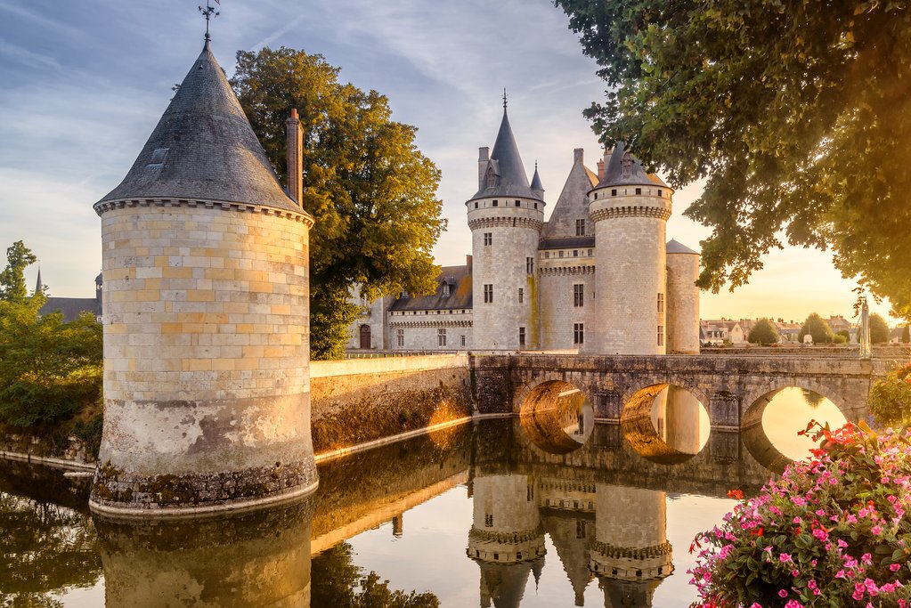 Famous medieval castle Sully sur Loire at sunset