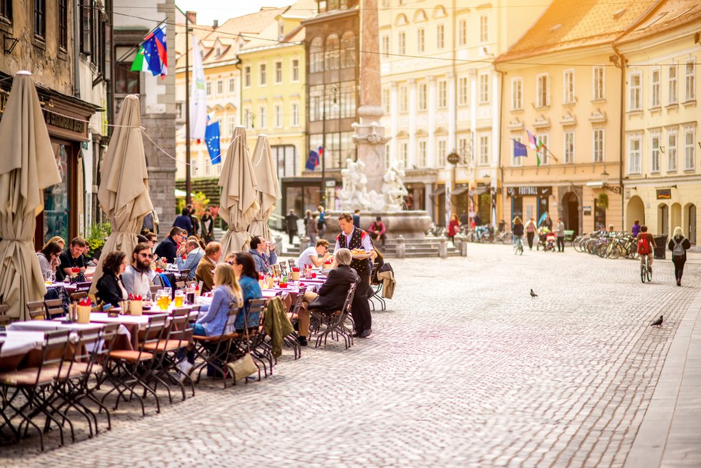 Open-air cafe in the old city center in Ljubljana