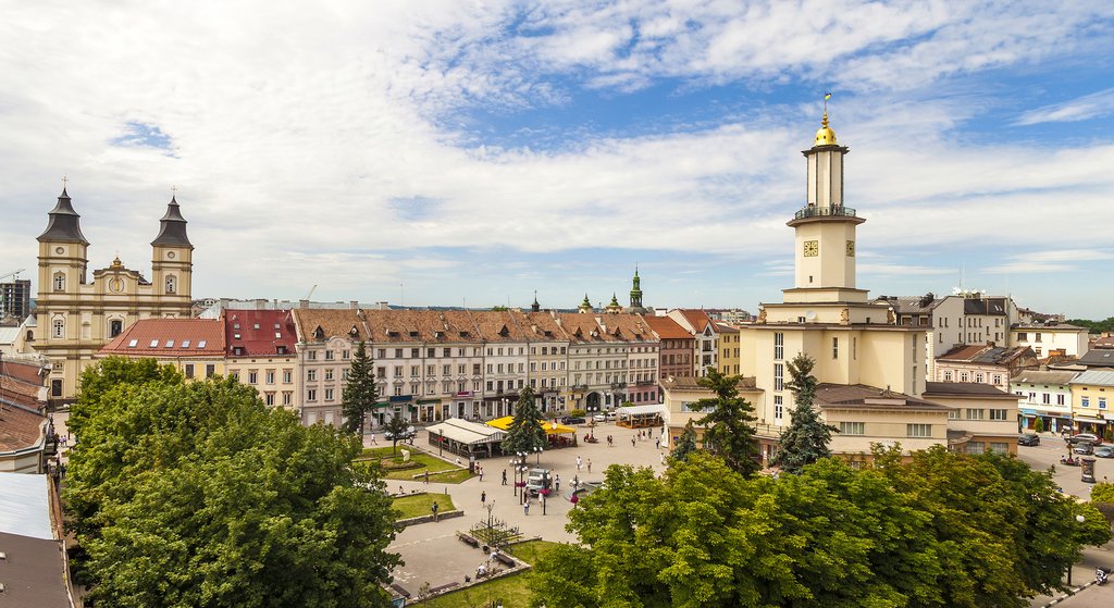 The center of historic european city Ivano Frankivsk in summer, Ukraine