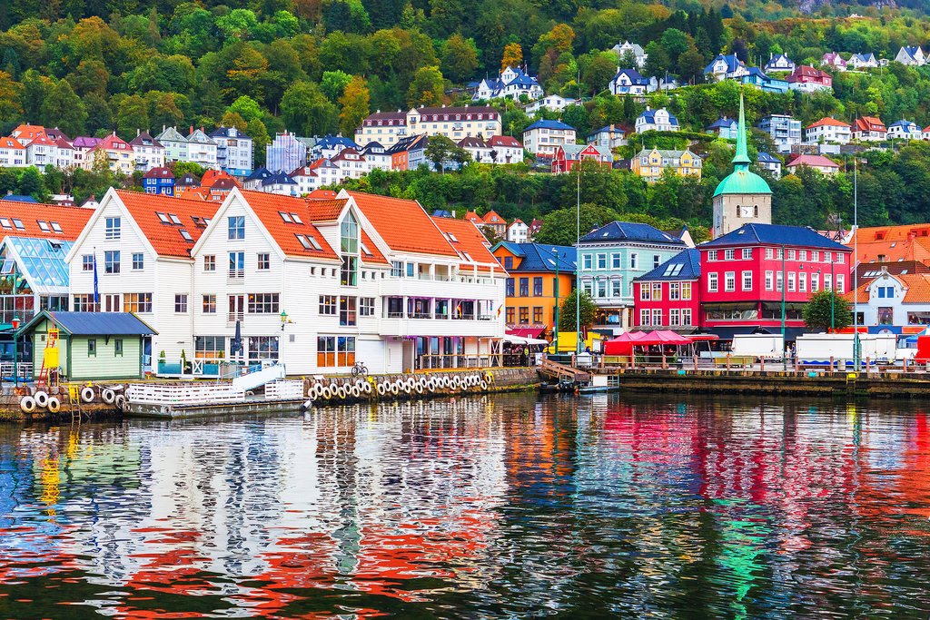 Bergen's colorful waterfront is surrounded by mountains.