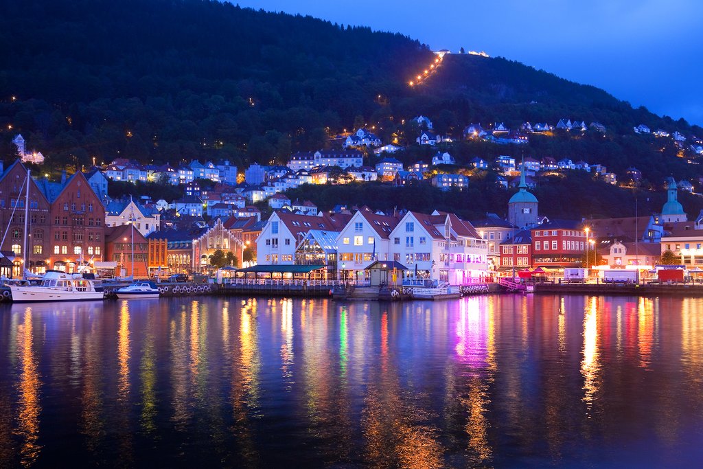 Evening panorama of Bergen from the water