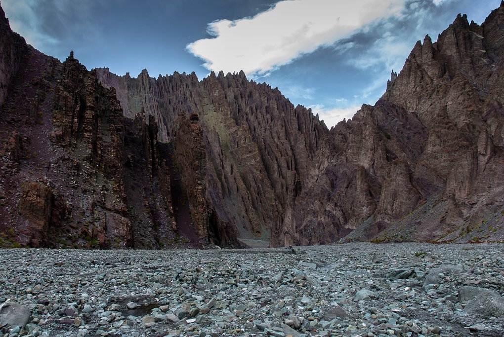 A stone canyon at the base camp of Stok Kangri