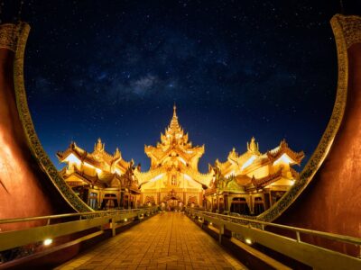 Karaweik palace at night with milky way, Yangon Myanmar
