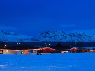 Typical Icelandic houses with Christmas decorations at the twili