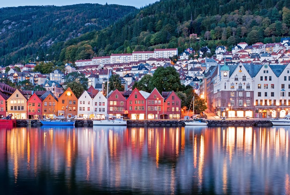 Bergen's colorful waterfront at dusk