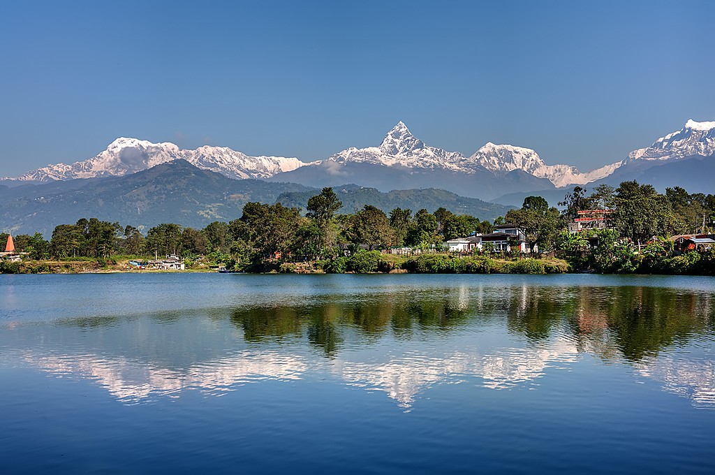 Looking across Phewa Lake at Pokhara