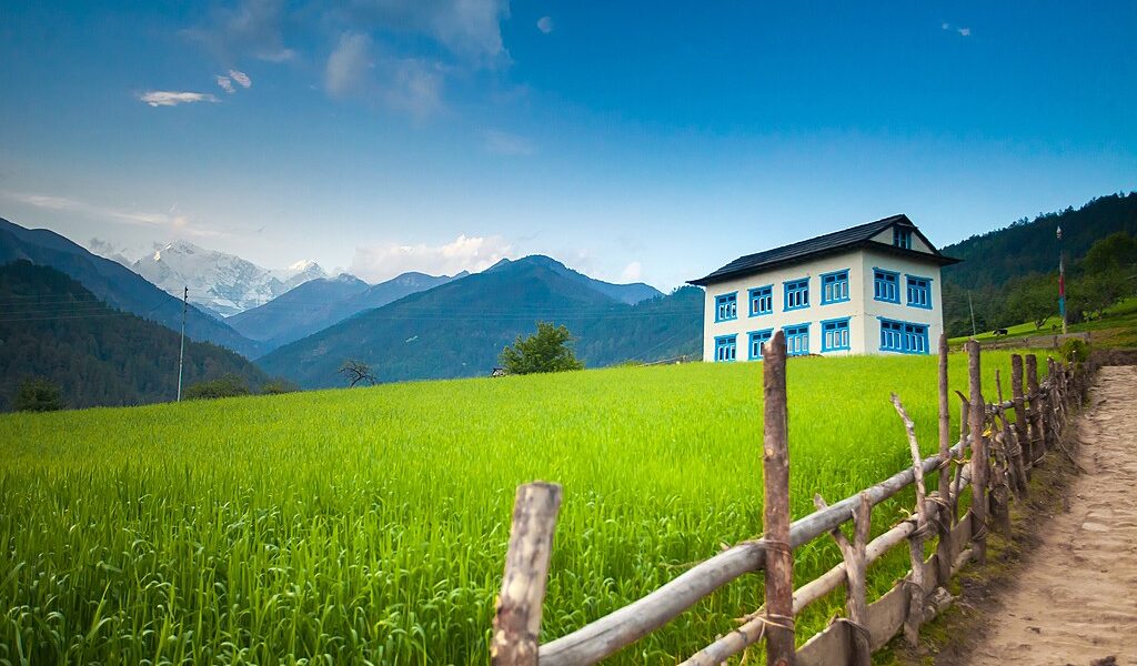 Cosy two floor guesthouse behind wooden fence on green grass mea