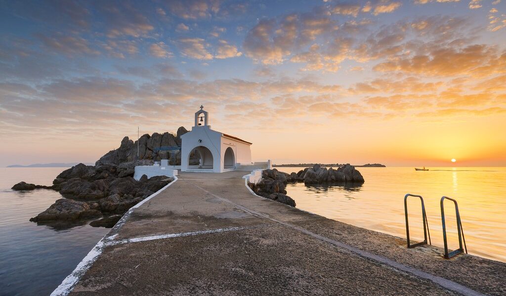Agios Isidoros church in northern Chios at sunrise.