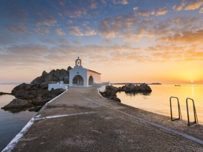 Agios Isidoros church in northern Chios at sunrise.