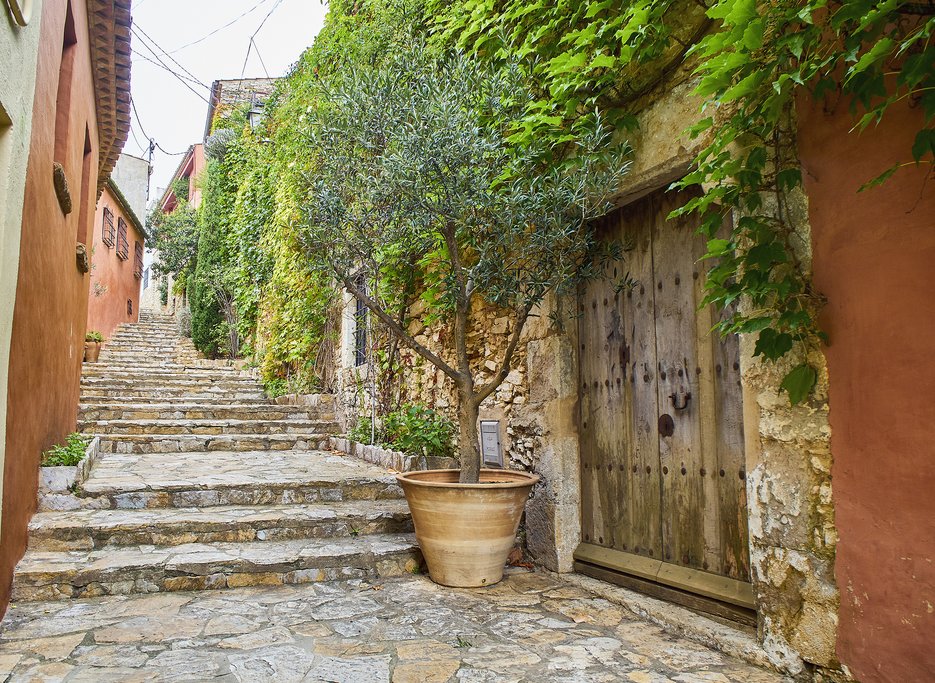 Carrer del Castell street in the Historical Center of Begur. Girona, Costa Brava