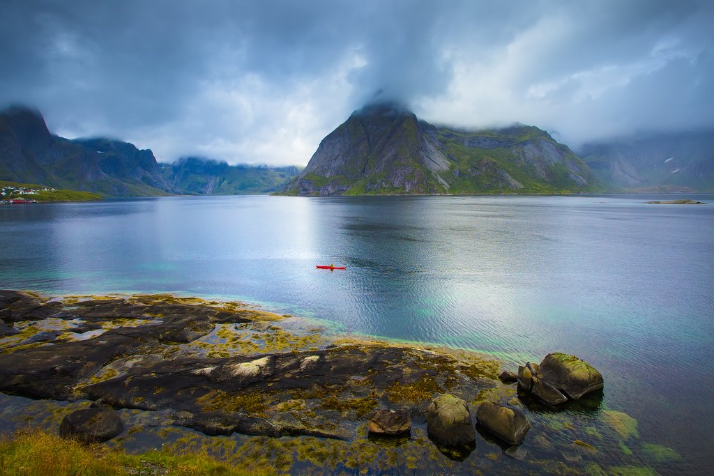 Kayaking near the village of Reine, Lofoten Islands