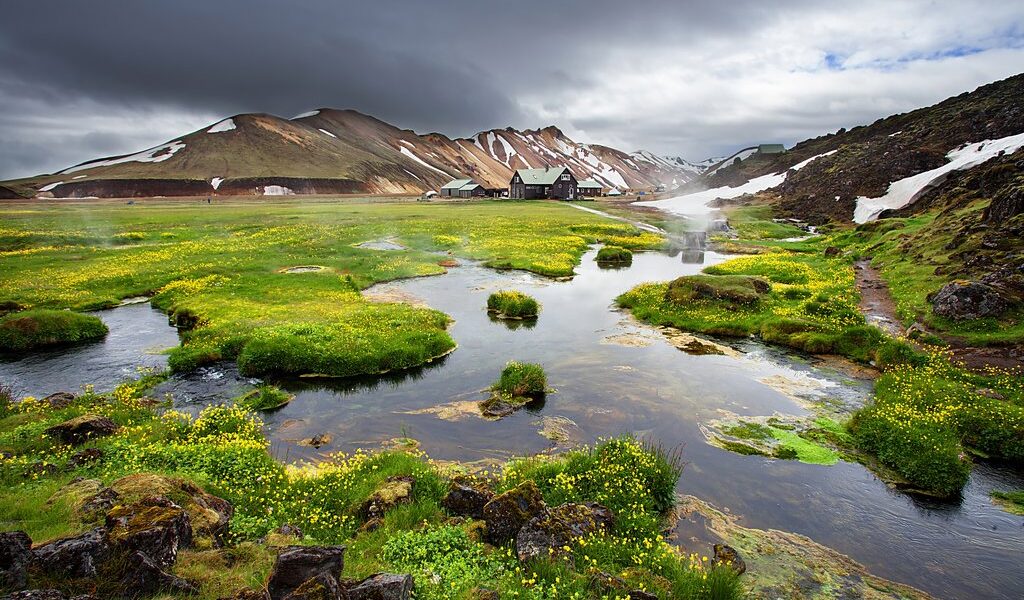 Small river and fresh blooming flowers near thermal springs in L